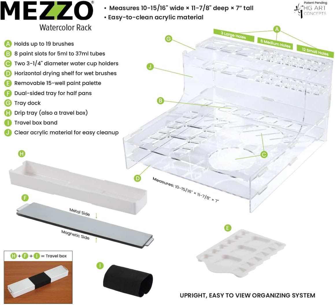 HG Art Concepts Mezzo Artist Studio Watercolor Organizer - Watercolor Paint Brush Holder w/Palette, Drip Pan, Collapsible Cups, Magnetic Half Pans & Storage, Organization System