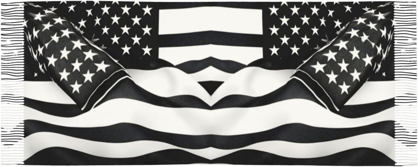 Black and White American Flag print Fashion Women Scarf Christmas Winter Scarf for Women Men Long Scarf with Tassels Shawl Wrap