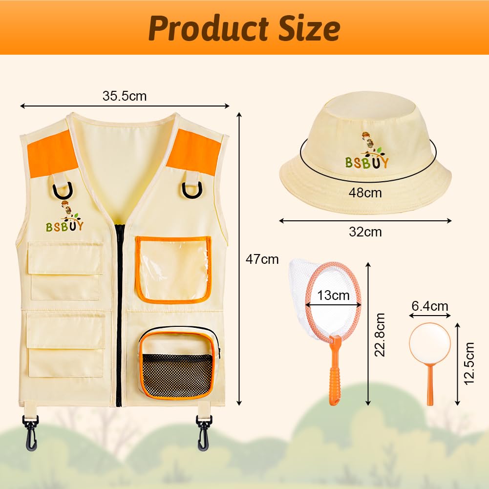 BSBUY Kid Explorer Kit Outdoor Adventure Set, 4PCS Kid Explorer Costume Kit Bug Hunting Costume Hat Vest - Image 2