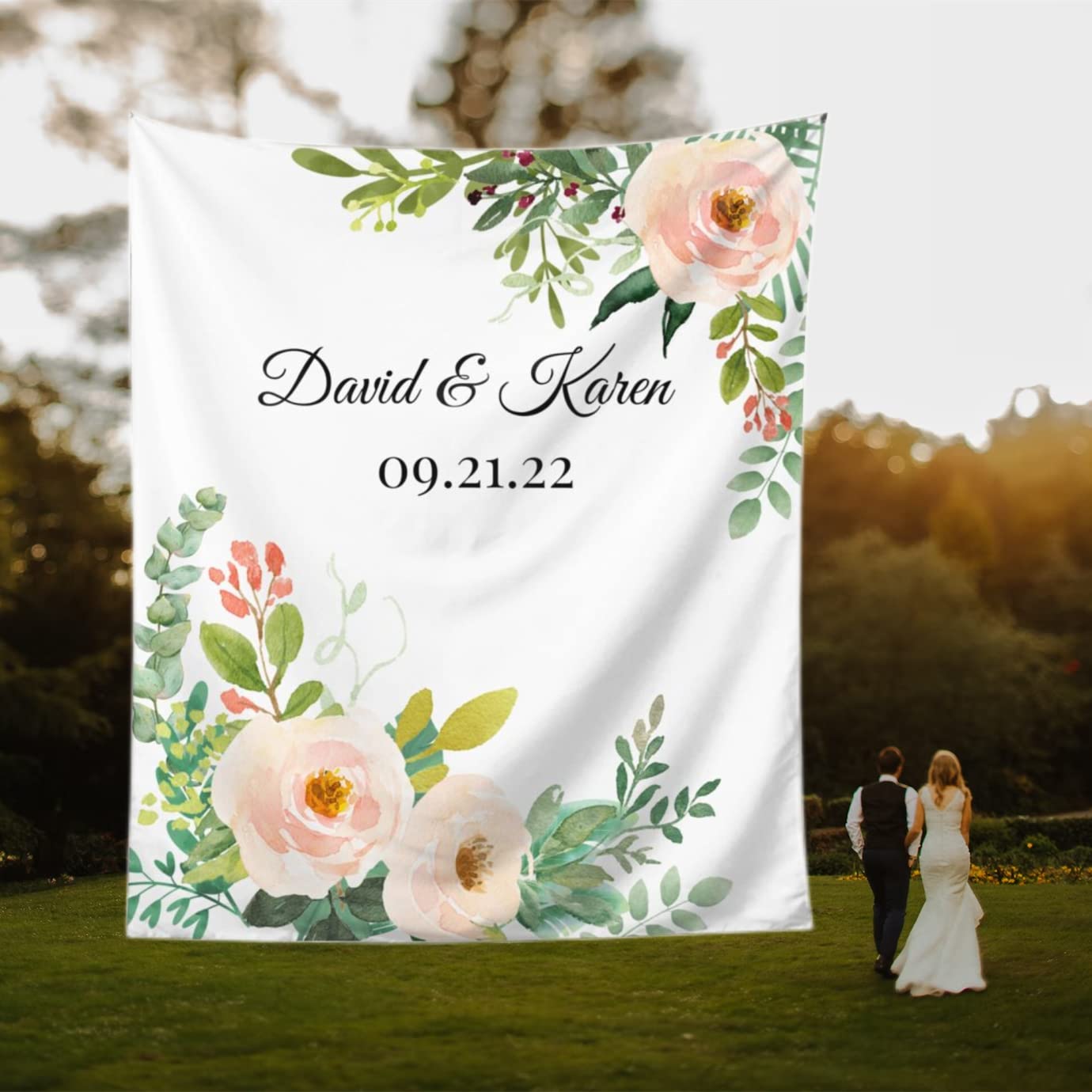 DEVONDESIGN Wedding Backdrop for Reception, Custom Tapestry with Names & Date, Personalized Calligraphy Banner Ceremony, Flowers and Leaves Deisgn,