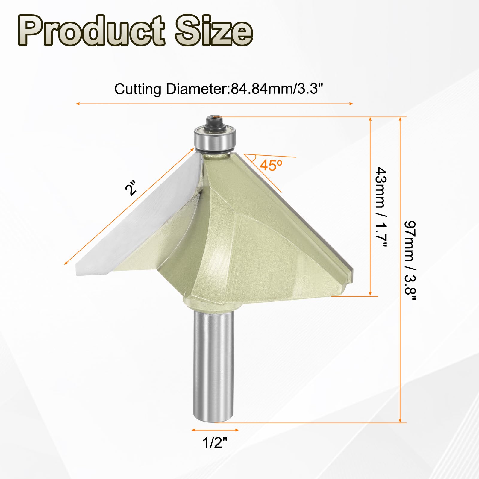 sourcing map Punta per fresa per smusso a 45 gradi, codolo da 1/2 pollici, punta in carburo da 5,1 cm, con cuscinetto per la lavorazione del legno, utensile da fresa, oro