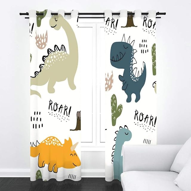 ZLQBed Blackout Curtains Cartoon Dinosaur Bedroom Eyelet Curtains Super Soft Thermal Insulated Room Darkening Curtains for Living Room Nursery Home Decoration, 2 Panels, 140x160cm