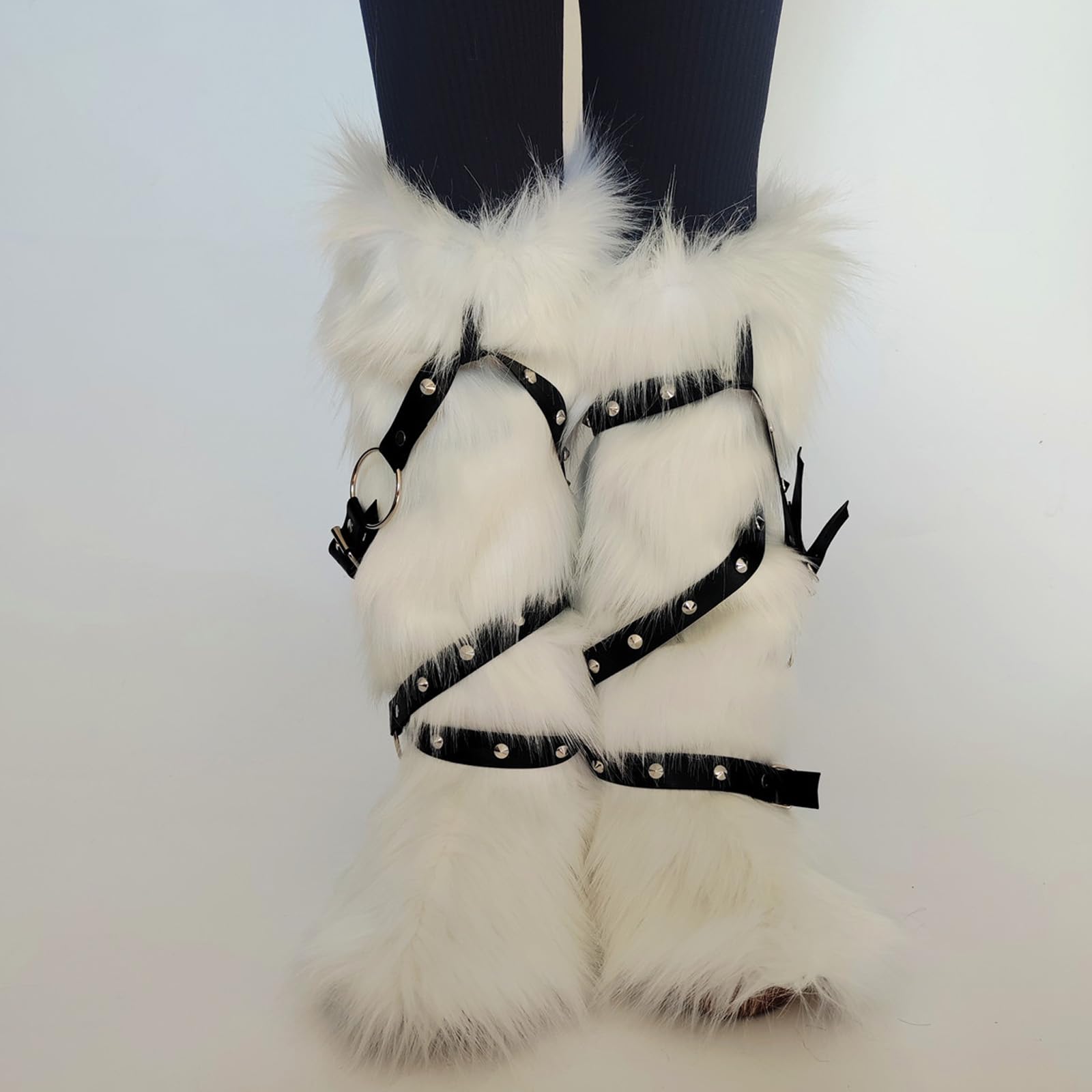 Calentadores de piernas de piel sintética para mujer, remache punk, arnés de piernas, mullido, fundas de botas de nieve, calcetines para fiestas e informales