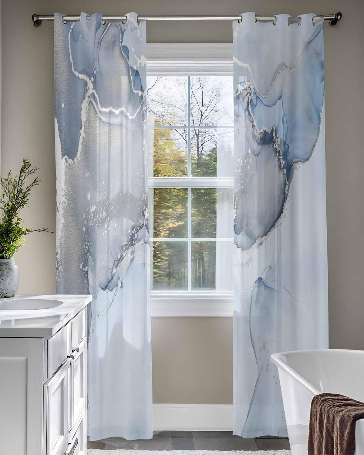 Blue Marble Sheer Curtains 84 Inch Length 2 Panels Set for Living Room/Bedroom, Grey Modern Kitchen Curtains with Grommet, Ink Painted Abstract Art Semi-Sheer Curtains Drapes Voile Window Treatments