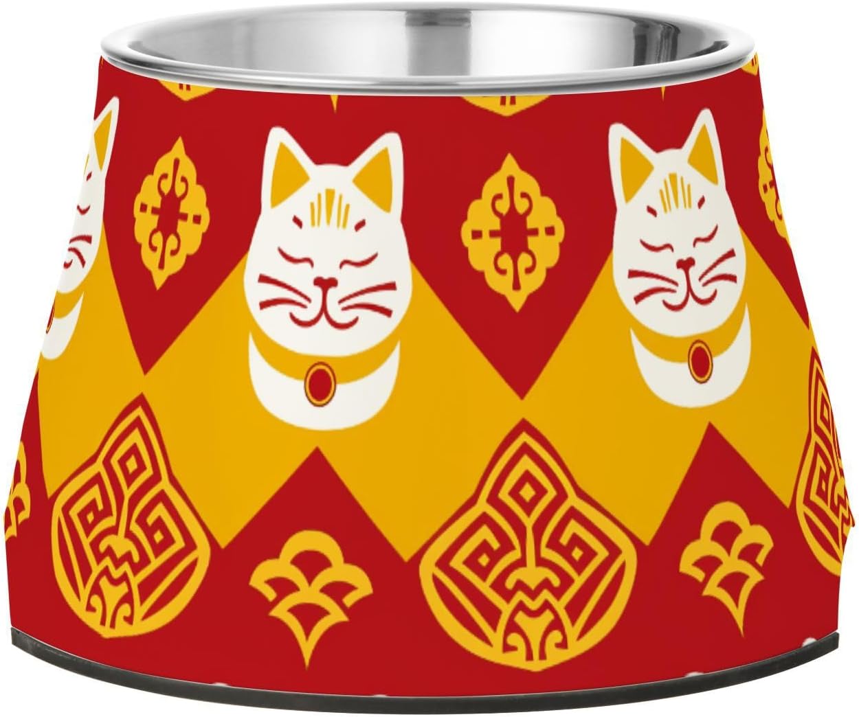 Traditional Chinese Pattern Cat Yellow Pets Food Bowls Non Skid Stainless Steel Pets Water Bowl for Small Pet Slow Down Eating