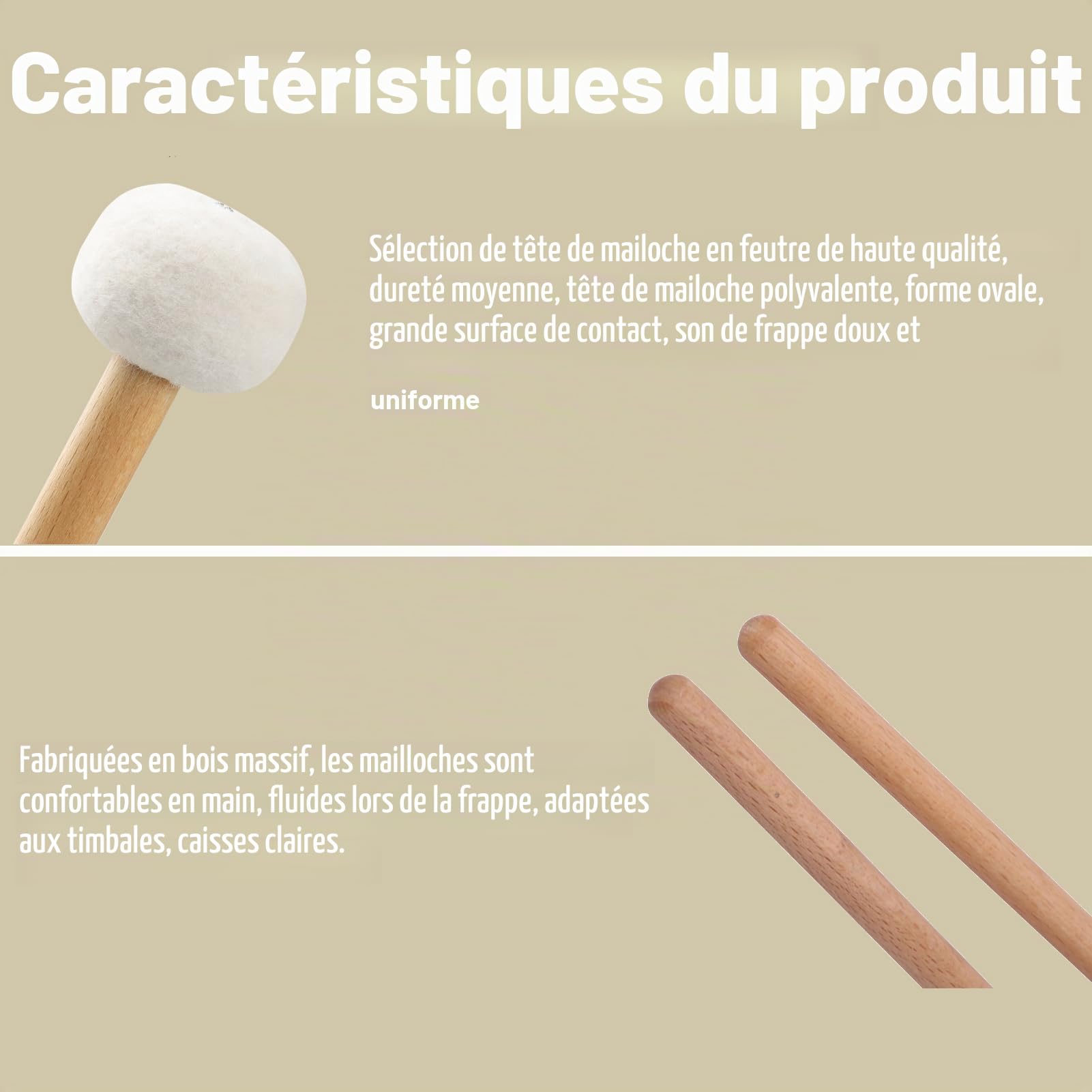 2 Pièces Maillet de Tambour Blanc Feutre Maillets de Timbale Maillets de Percussion pour Timbales Caisse Claire Accessoires D'instruments de Musique