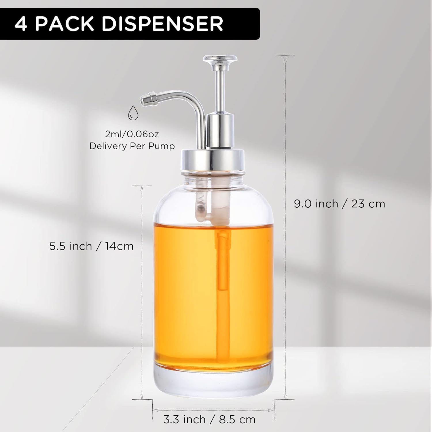 Joyfulmap 4 Coffee Syrup Dispenser, Silver Pump Dispenser with bottles for Coffee Bar accessories, Minimalist Glass Coffee Bottle for Simple Maple/Coffee Syrups,16.9 oz 500 ml (Silver)