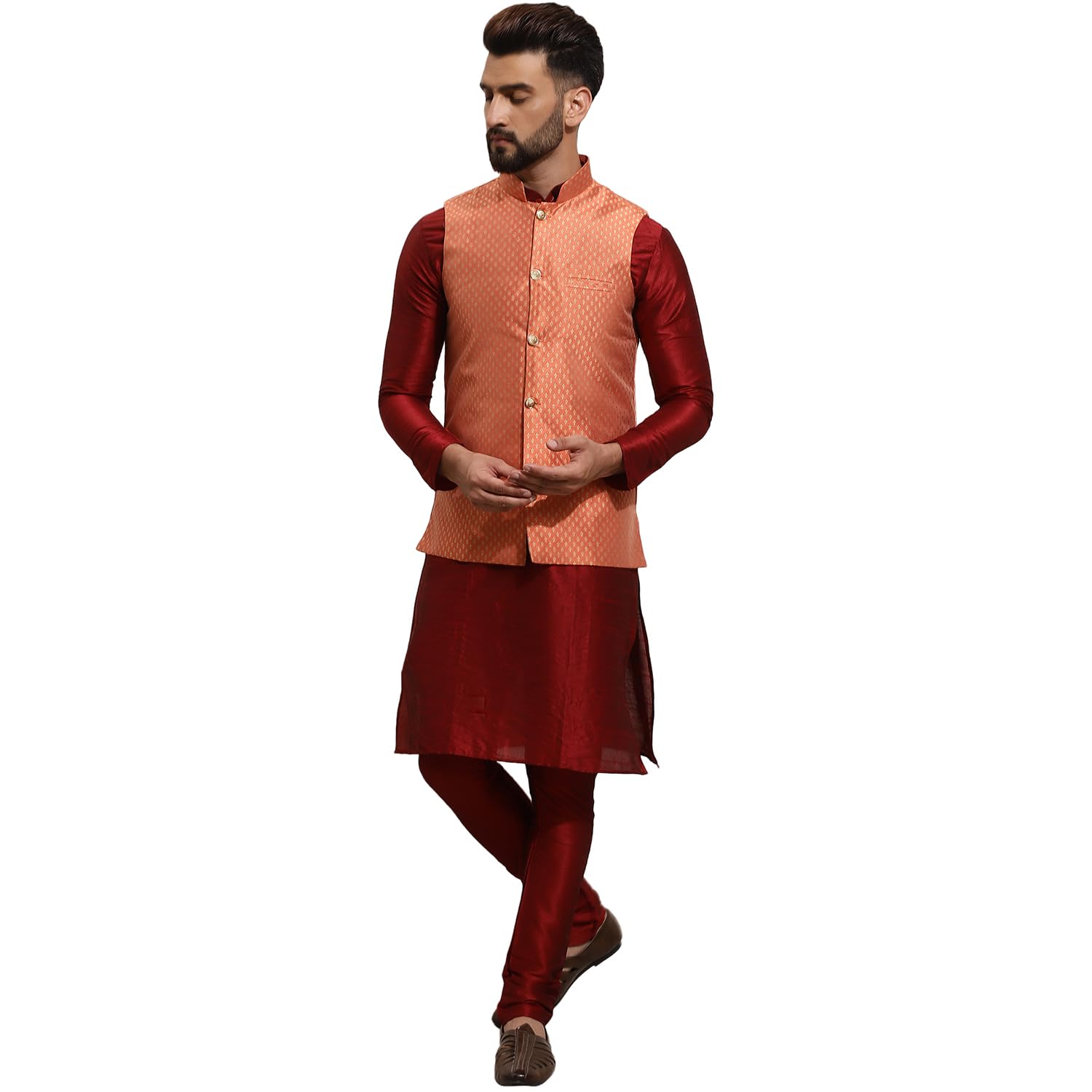 (Since 1958 Men's Silk Blend Kurta Pyjama & Self Design Nehru Jacket Combo-image-45