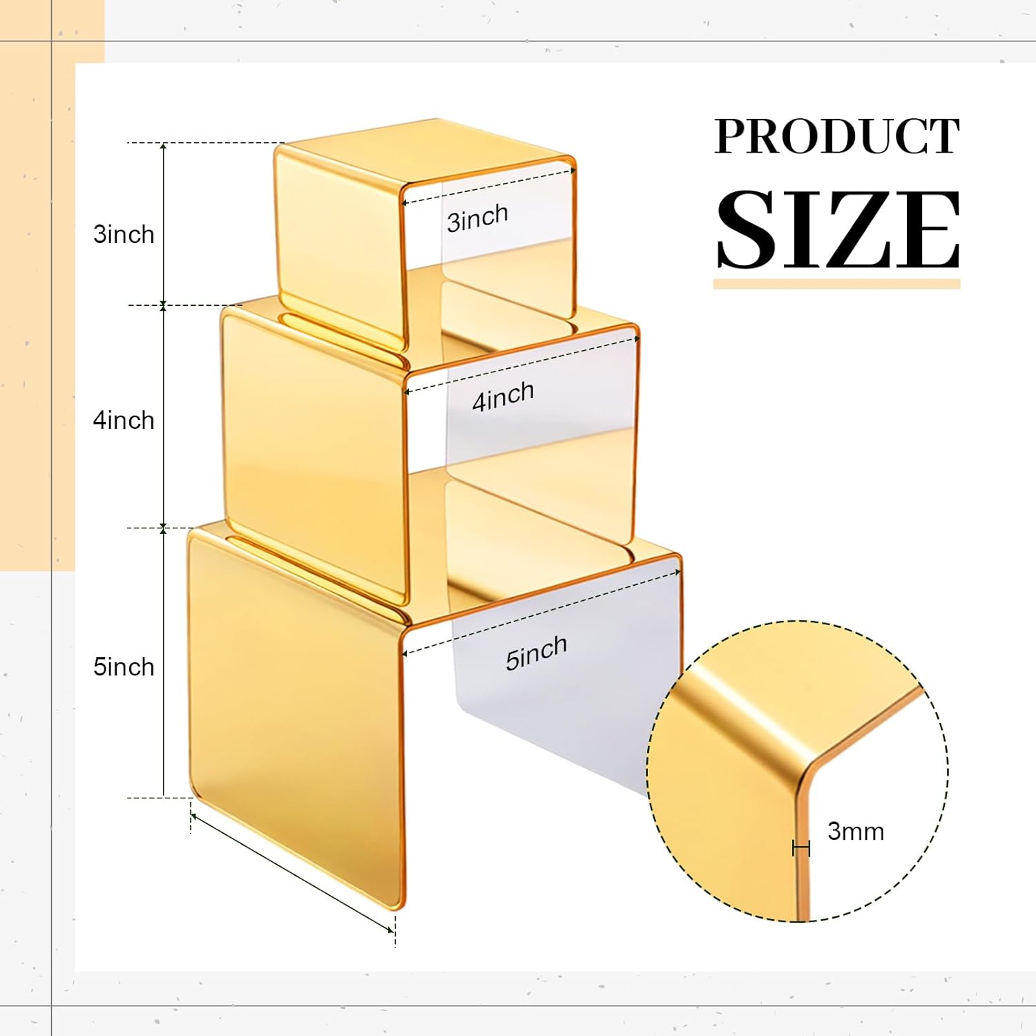 Chuangdi 2 Sets Acrylic Display Risers, Product Stand, Jewelry Display Riser Shelf Showcase Fixtures for Dessert Cupcake Candy Figure Treat Action Showcase (Gold,Medium Set) - Image 2