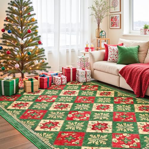 Tapete Navideño HOMORE 5x7 ft Rojo Verde Geométrico