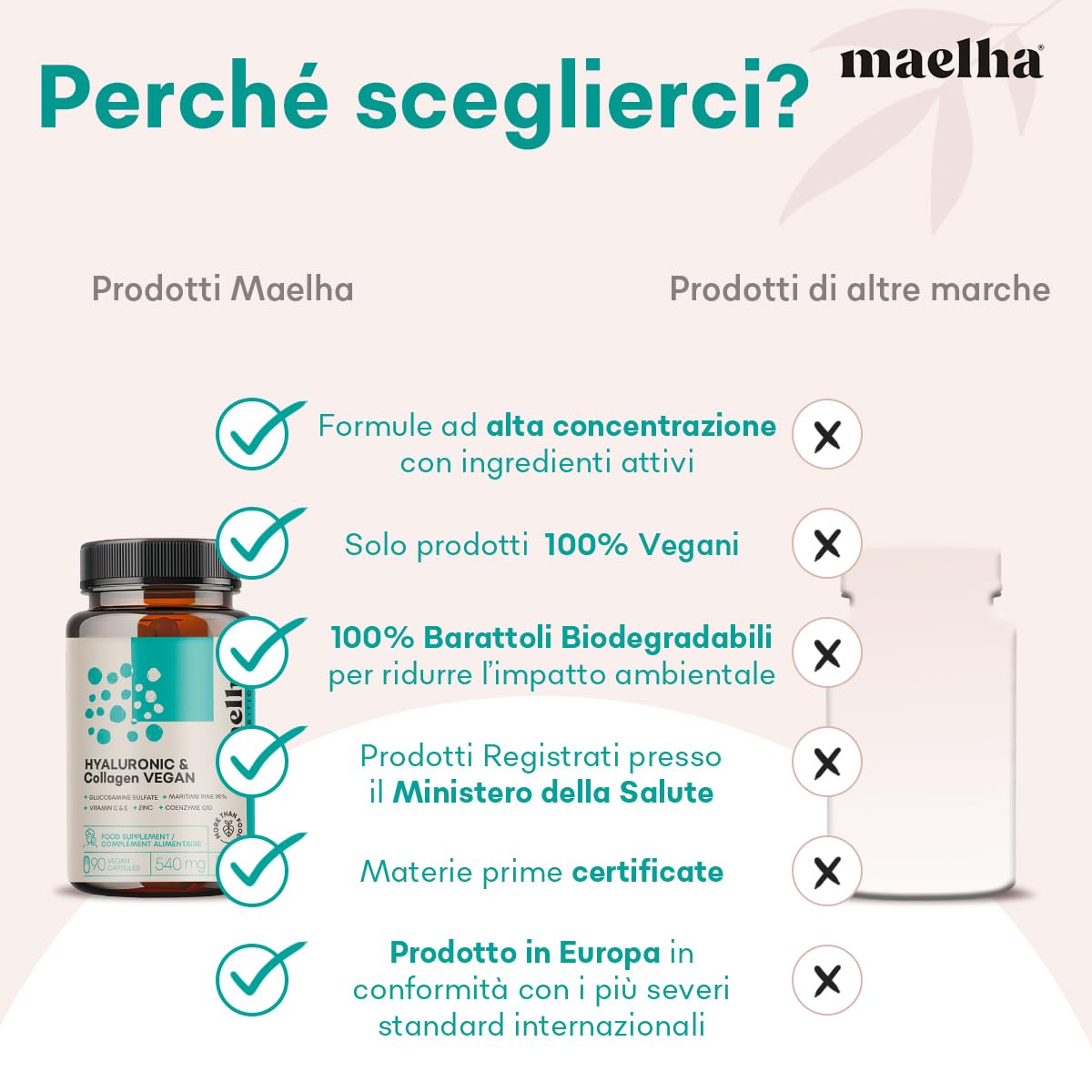 Acido Ialuronico e Collagene VEGANO | Integratore collagene vegano con acido ialuronico | Formula Concentrata con Vitamina C & E, Zinco, Coenzima Q10 e Pino Marittimo | 90 Capsule | 100% Naturale