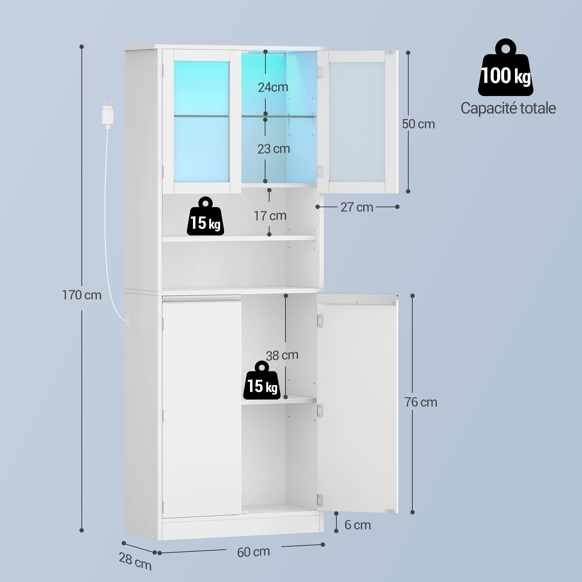 Hzuaneri Meuble Salle de Bain,Meuble de Rangement Haute avec Éclairage LED | Armoire sur Pied avec 4 Portes et Étagère Réglable, Moderne, pour Salle de Bain, Salon, 28 x 60 x 170 cm Blanc SC40003XEU