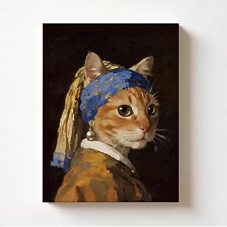 8x10 Inches Animal Portrait Oil Painting Cat with Pearl Earring Canvas Wall Art Print, Classic Vintage Inspired Pet Artwork Decor for Living Room Bedroom Home Interior