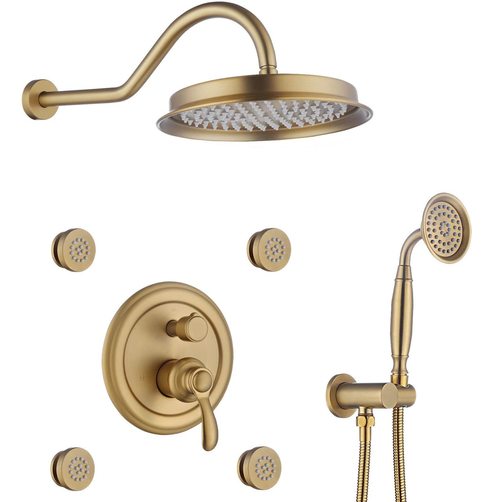 WOTZOV Rainfall Shower System Concealed Faucet Set With Handheld And 9 Inches Rain Head Combo With 4 Body Jets Mixer Tap,Brushed Gold