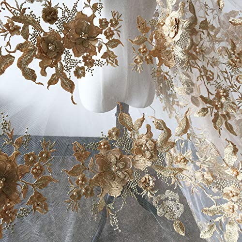 Luxury Beaded Gold Lace Fabric By The Yard Blossom Embroidery Lace Mesh For Evening Gown Wedding Dress 55 Inches Width #TOP2