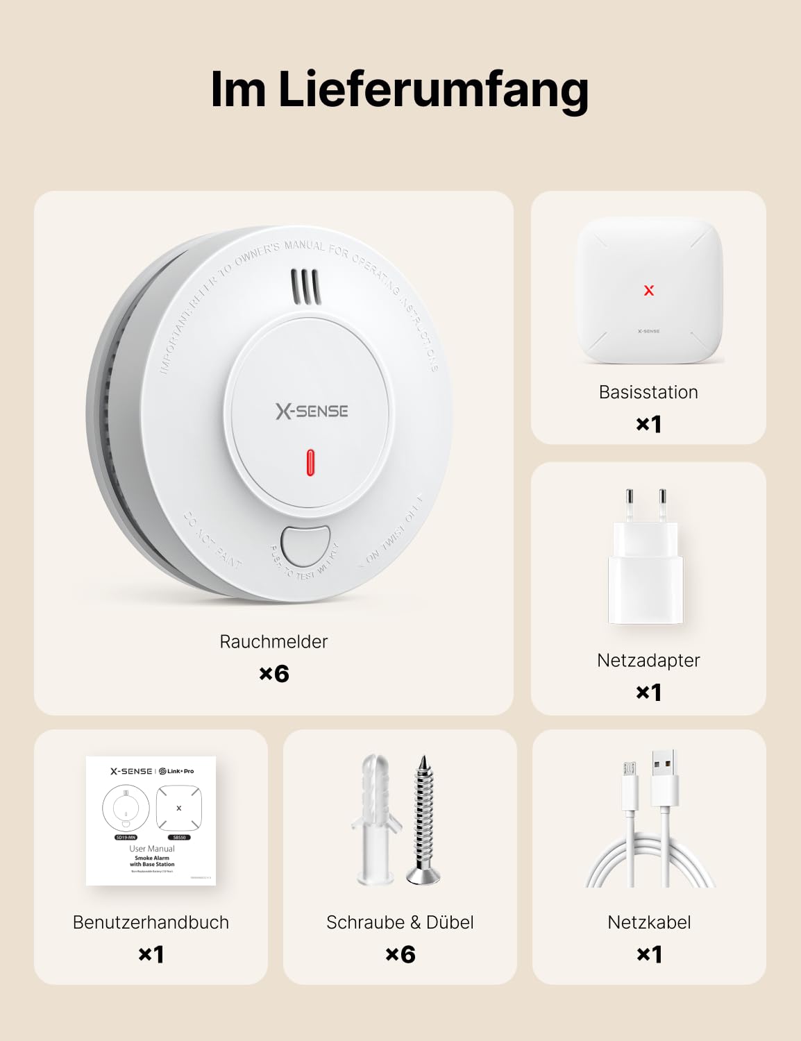 X-Sense Smart WLAN-Rauchmelder Feuermelder mit 10-Jahres-Batterie und SBS50 Basisstation, TÜV Rheinland Zertifiziert, photoelektrischer vernetzbarer Funk-Brandmelder, SD19-MN61, 6 Stück