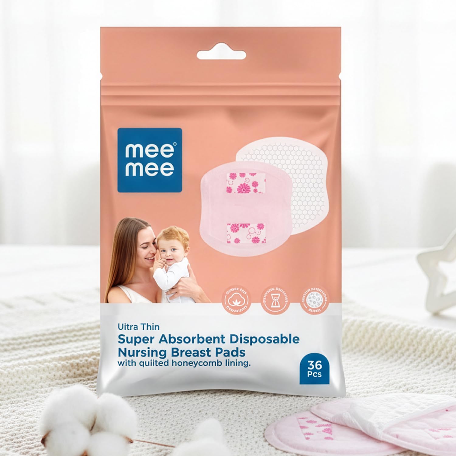 Mee Mee Disposable Nursing & Maternity Breast Pads 36 Pcs | Ultra Thin Honeycomb Pads with Leak Guard | Super Absorbent Soft Cotton | Compact, Leakproof, Skin-Friendly, Breastfeeding Pads for New Moms