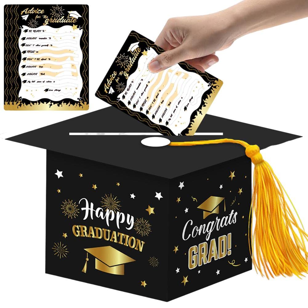 Goodern Graduation Card Box with 24 Pcs Advice Cards,2023 Graduation Party Supplies Graduation Card Holder Boxes Invitation Card Box,Graduation Cap Gift Cards Holder Box Graduation Decoration-Black