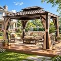 LAUSAINT HOME 10'x12' Hardtop Gazebo, Permanent Outdoor Aluminum Gazebo with Galvanized Steel Double Roof, Patio Metal Gazebo with Curtains & Netting, Backyard Pavilion for Deck, Lawn & Garden