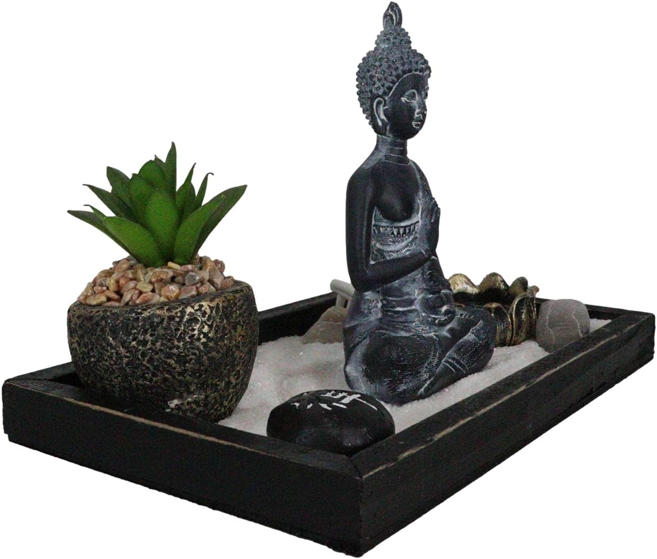 Ebros Meditating Namaste Buddha Monk Shakyamuni in Vitarka Mudra Pose Zen Garden with Rock Pebbles Lotus Votive Candle Holder Faux Succulent Sand and Rake Figurine Set Buddhism Amitabha Candleholder