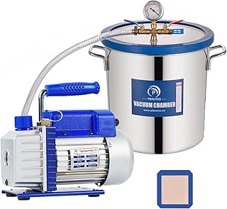P PBAUTOS 5 Gallon Tempered Glass Lid Vacuum Chamber, Stainless Steel Degassing Chamber Kit with 3 CFM 1/4HP Single Stage Vacuum Pump Without Oil, Perfect for Stabilizing Wood)
