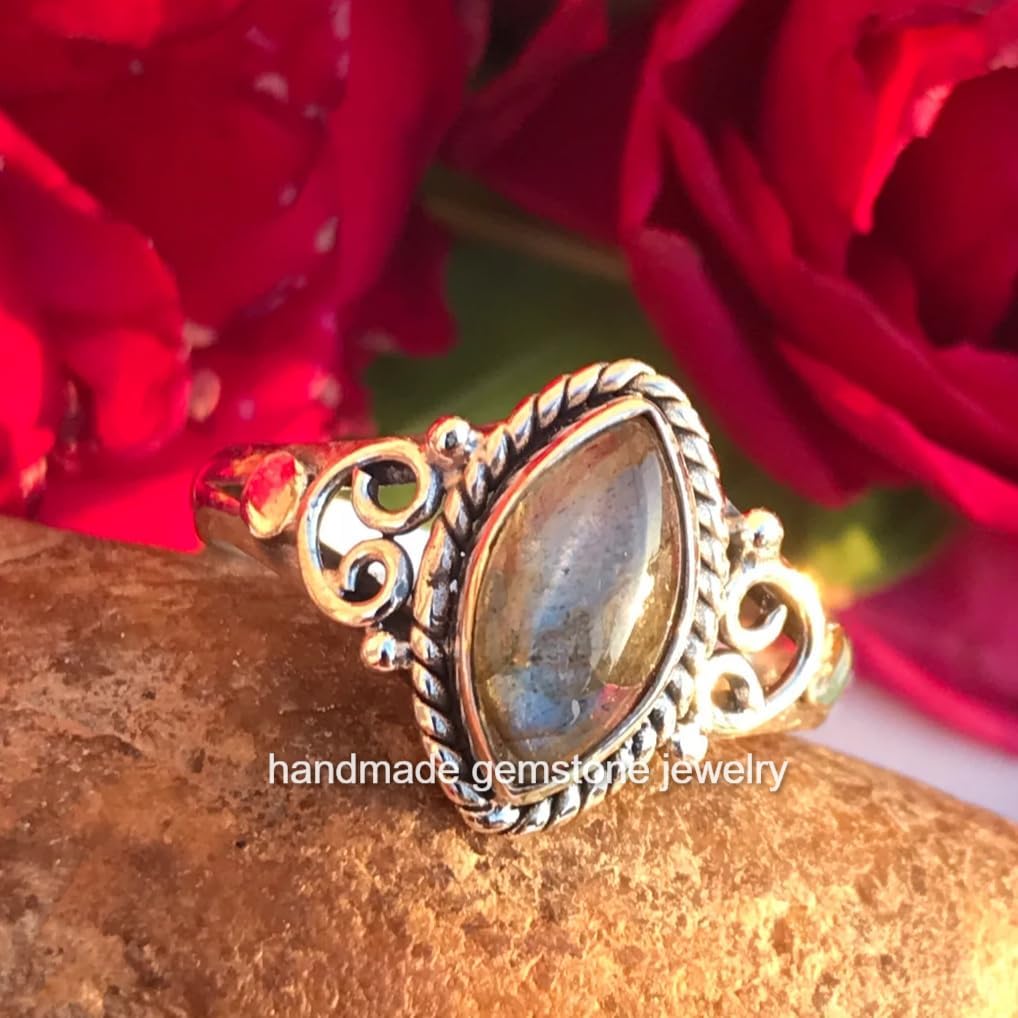 Handmade Labradorite Marquise Ring - Boho Blue Flash January Birthstone Promise Ring, Valentine's Day Gift for Women, 925 Sterling Silver, Unique Gemstone Jewelry