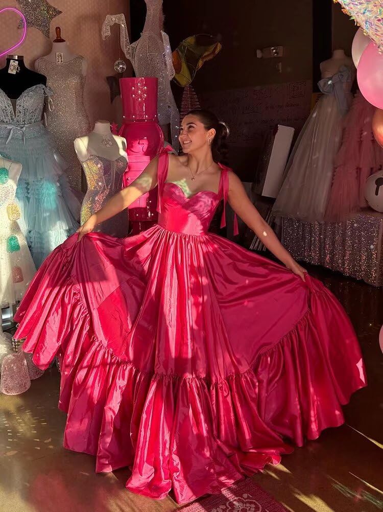 Satin Prom Dresses for Women 2025 Bow Strap Long Ball Gown Sweetheart Ruffles A Line Corset Cocktail Party Dress