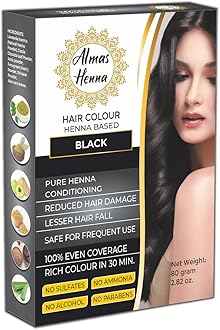 AL HASNAYN ENTERPRISES Almas Henna 80 GRAM Hair Color, 100% Organic Henna Powder Infused with Goodness of Herbs, Natural Henna Hair Dye For Soft Shiny Hair, Black, 2.82 OUNCE