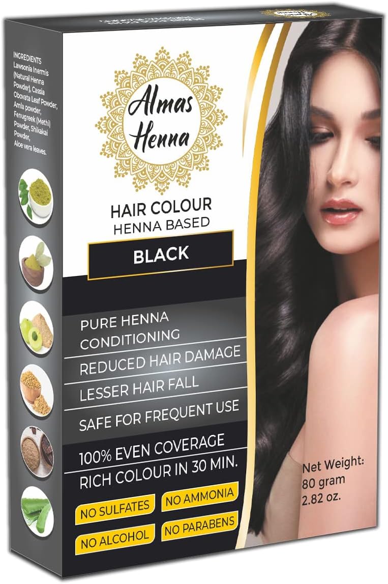 AL HASNAYN ENTERPRISES Almas Henna Hair Color 100% Organic Henna Powder Infused with Goodness of Herbs, Natural Henna Hair Color For Soft Shiny Hair, henna hair dye (2.82 OUNCE, BLACK)