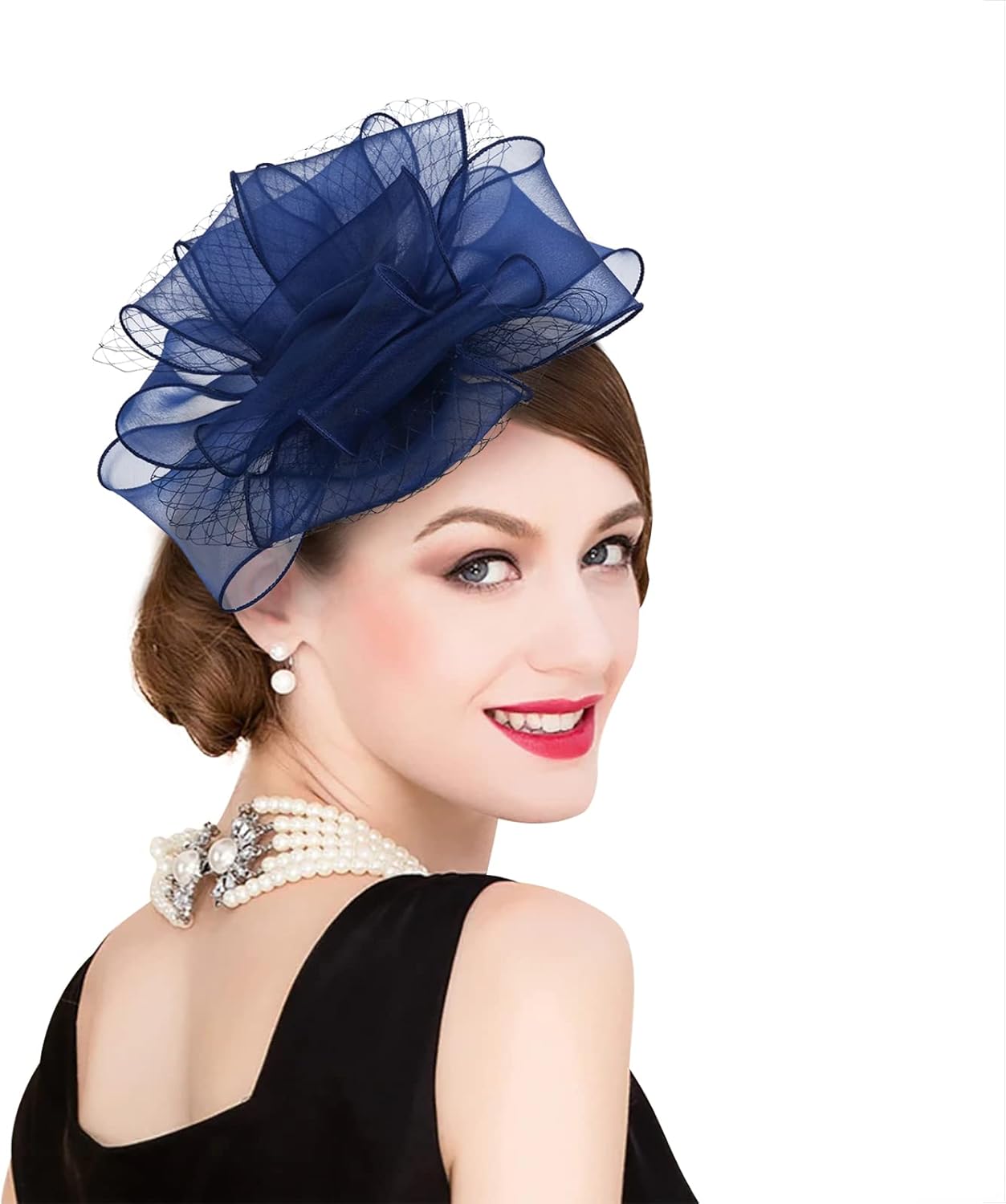 2025 Kentucky Derby Hat for Women Ladies, Organza Veil Feather Fascinator for Tea Party Church UV Protection Sun Hat - Image 3