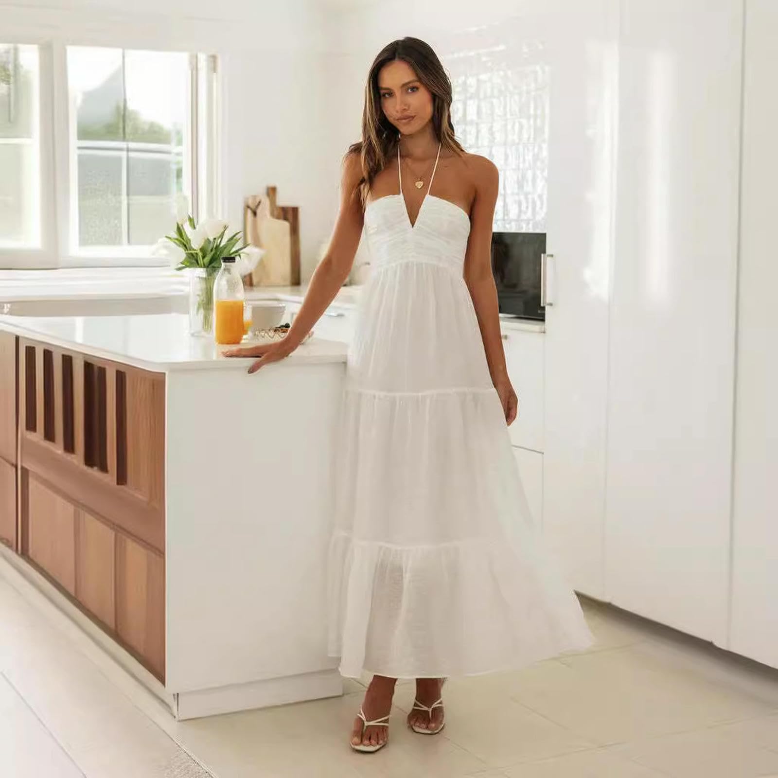 Vestito Donna Elegante Abito Estivo da Stampato A V-Scollo V-Torta in Stile FESTIVITÀ Casual Alto-Fiori Rossi-XL