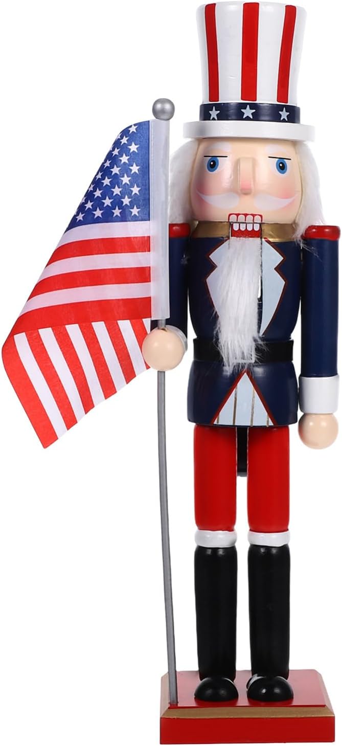Amosfun Wooden Nutcracker Ornament Independence Day Theme 38cm American Flag Christmas Decor Holiday Spirit Display