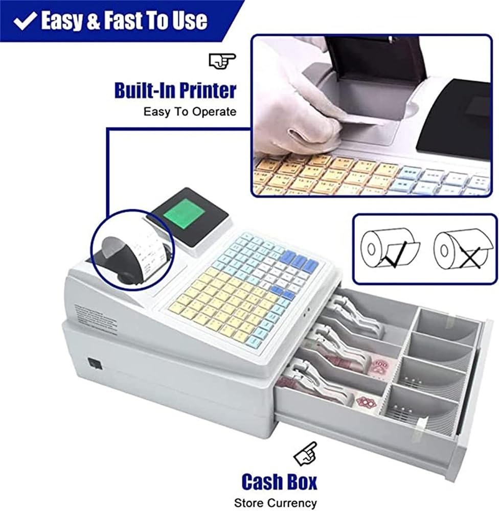 Caja registradora con Sistema POS electrónico con Capacidad para 4 Billetes y 5 Monedas, Bandeja extraíble e Impresora térmica para pequeñas Empresas, comercios y restaurantes.