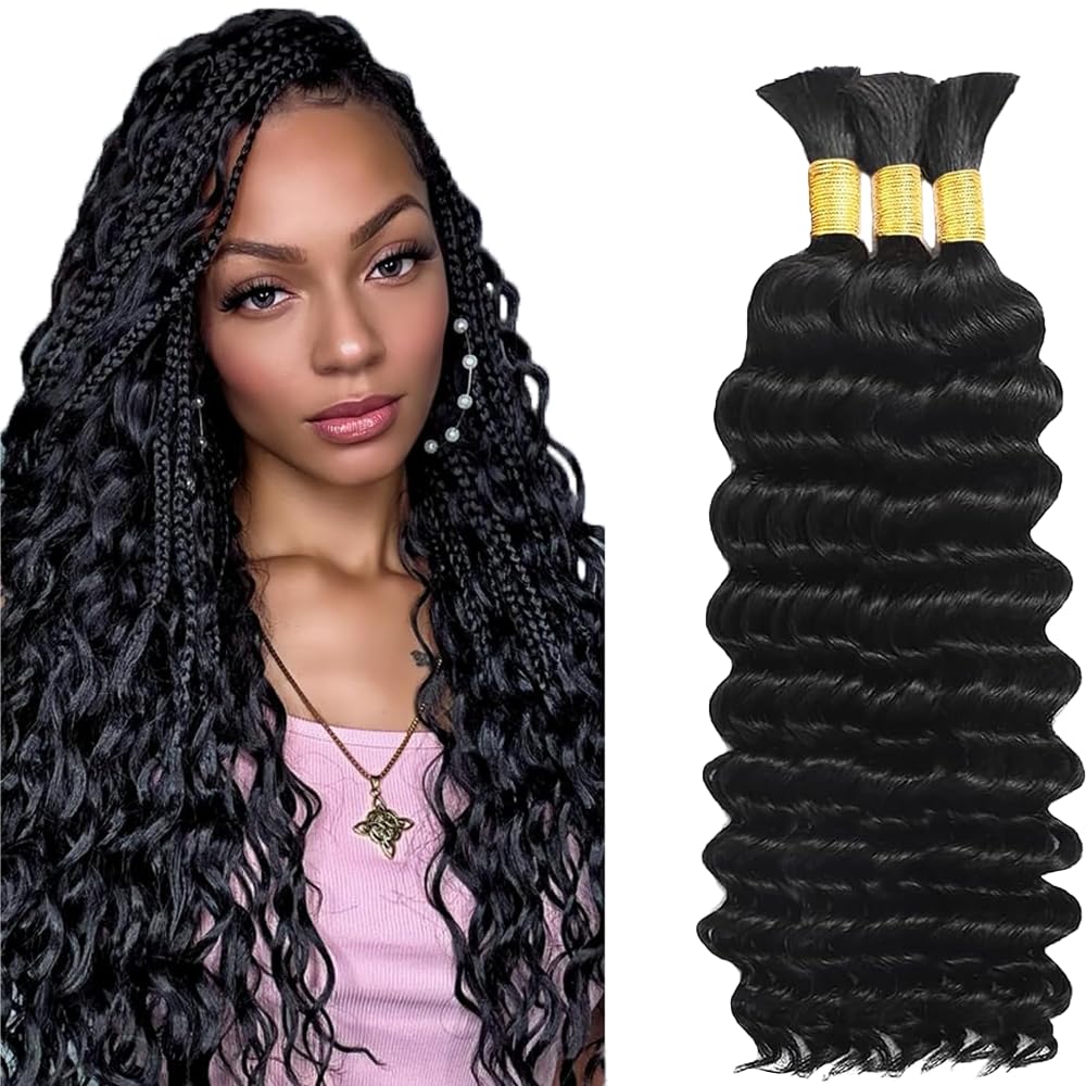 26 26 26 Inch Human Braiding Hair For Boho Braide Deep Wave Bulk 3 Bundles Color #1b Deep Wave Bulk Human Hair For Bohemian Braids
