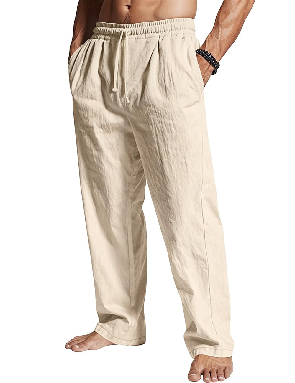 Mens Casual Linen Pants Loose Fit Drawstring Waist Lightweight Linen Trousers Summer Yoga Beach Long Pants