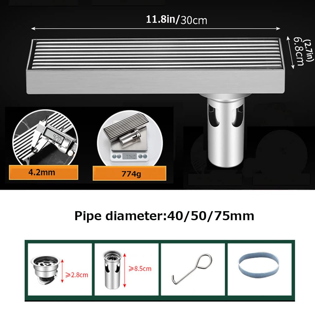 Caniveau de Douche a Carreler Siphon Sol D'évacuation Acier Inoxydable Drain de Douche Rectangulaire Bonde de douche Extra Plat avec Pare-odeur 200-1200mm (30cm)