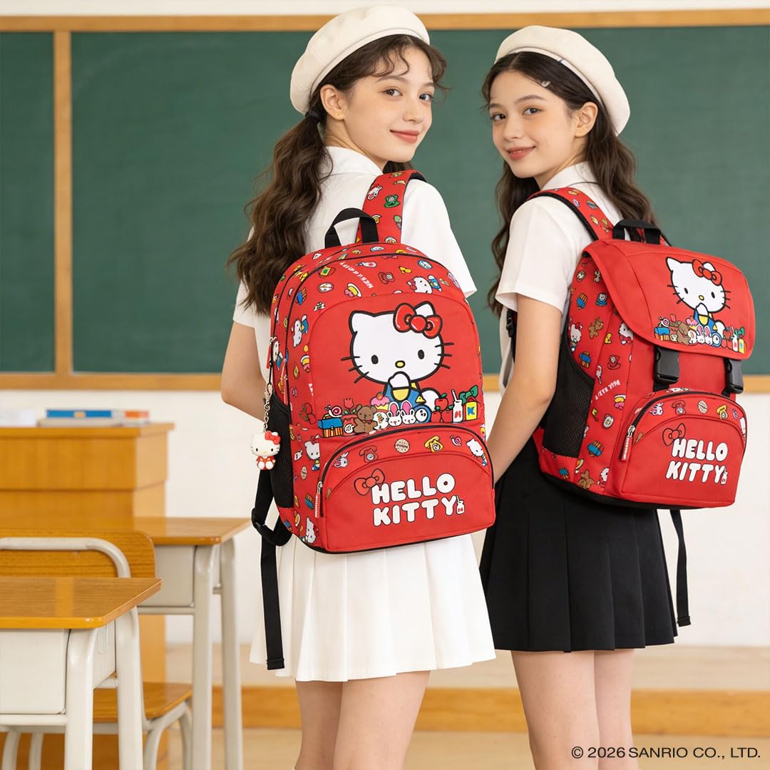 HELLO KITTY - Zaino Scuola Ufficiale Hello Kitty, 2 Ampi Spazi Centrali, Tasche Frontali e Laterali, Charm Staccabile, Spallacci Regolabili e Imbottiti, Schienale Termoformati, 32 x 43H x 23 cm, 31 L