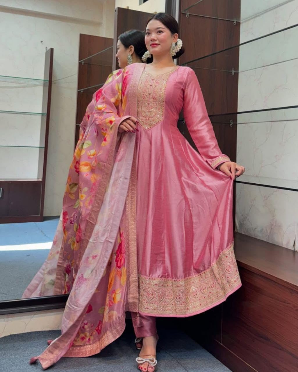 Women's Anarkali Kurta Set, Red with Yellow Dupatta, Embroidered Neckline, Indian Ethnic Wear