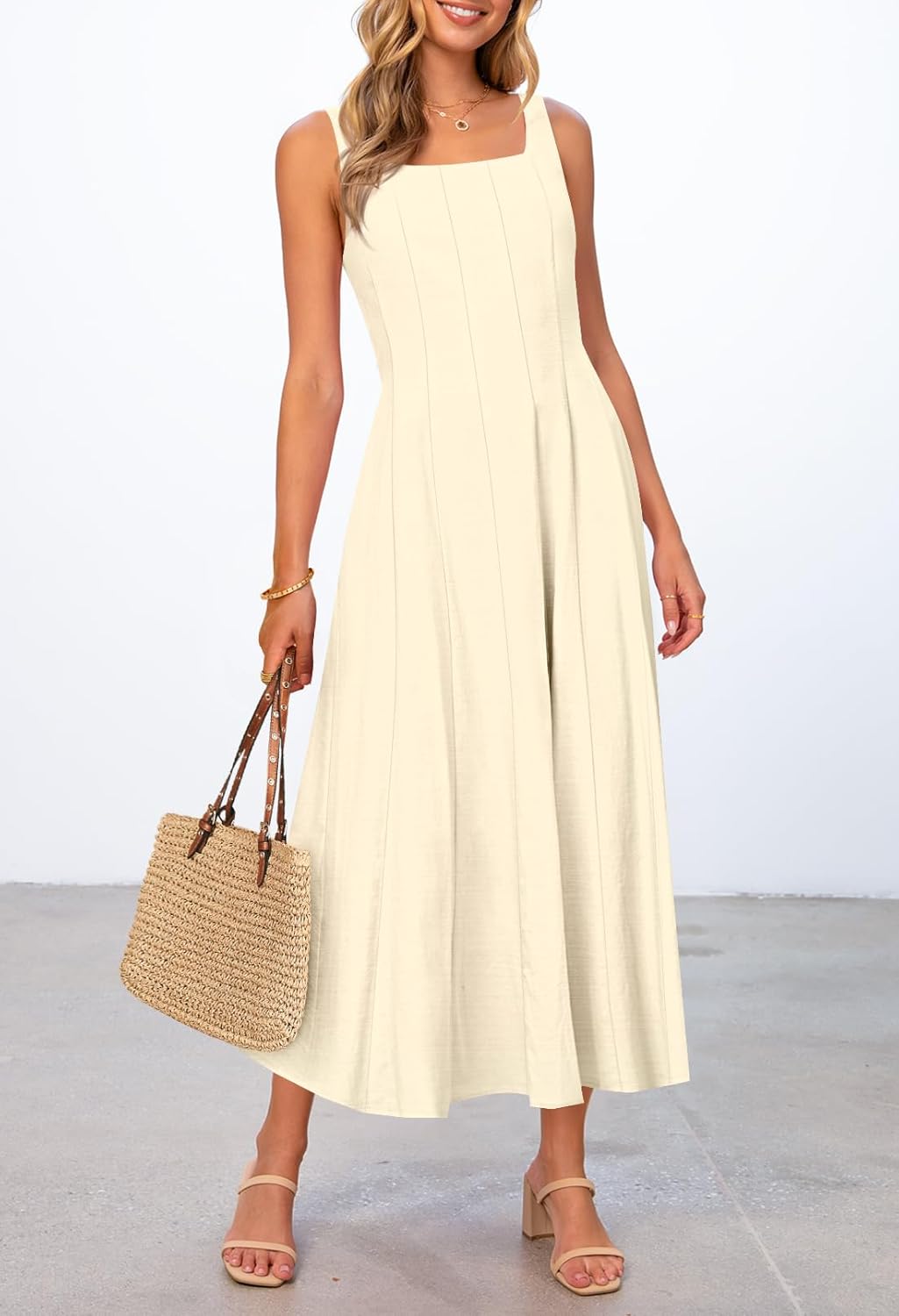 MEROKEETY Women's 2026 Summer Sleeveless Midi Dress Square Neck Smocked Flowy A Line Beach Dresses - Image 4