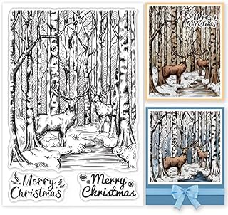 GLOBLELAND Christmas Forest Background Clear Stamps Deer in The Forest Silicone Clear Stamp Seals for Cards Making DIY Scrapbooking Photo Journal Album Decoration