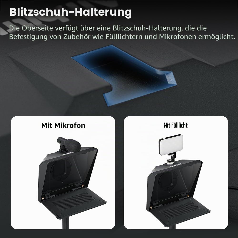 Ambitful T1 Pro Teleprompter für Handy mit Desktop-Stativ, schnell einzurichten, tragbares Teleprompter-Set mit Fernbedienung, unterstützt Smartphone/DSLR/Mini-Tablet (unter 8,3 Zoll), für YouTube