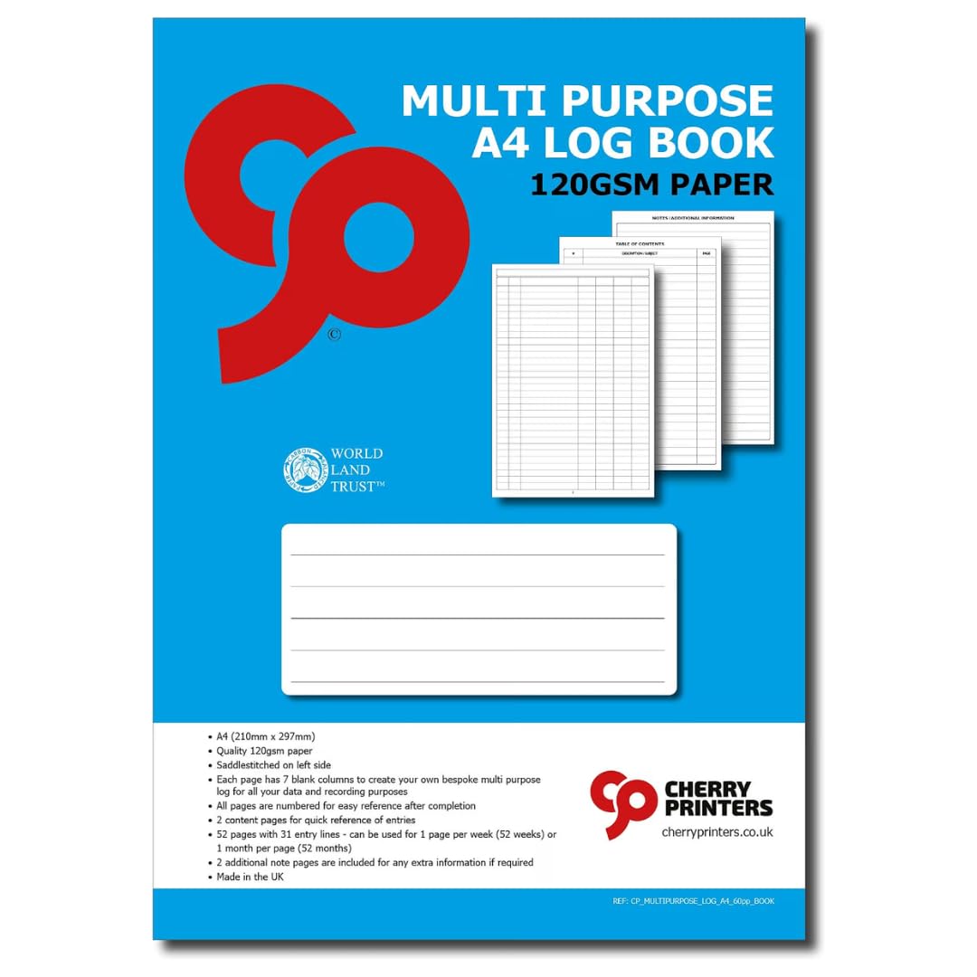 Cherry Printers | Multi Purpose Log Book | 52 A4 Pages | 20 Pack