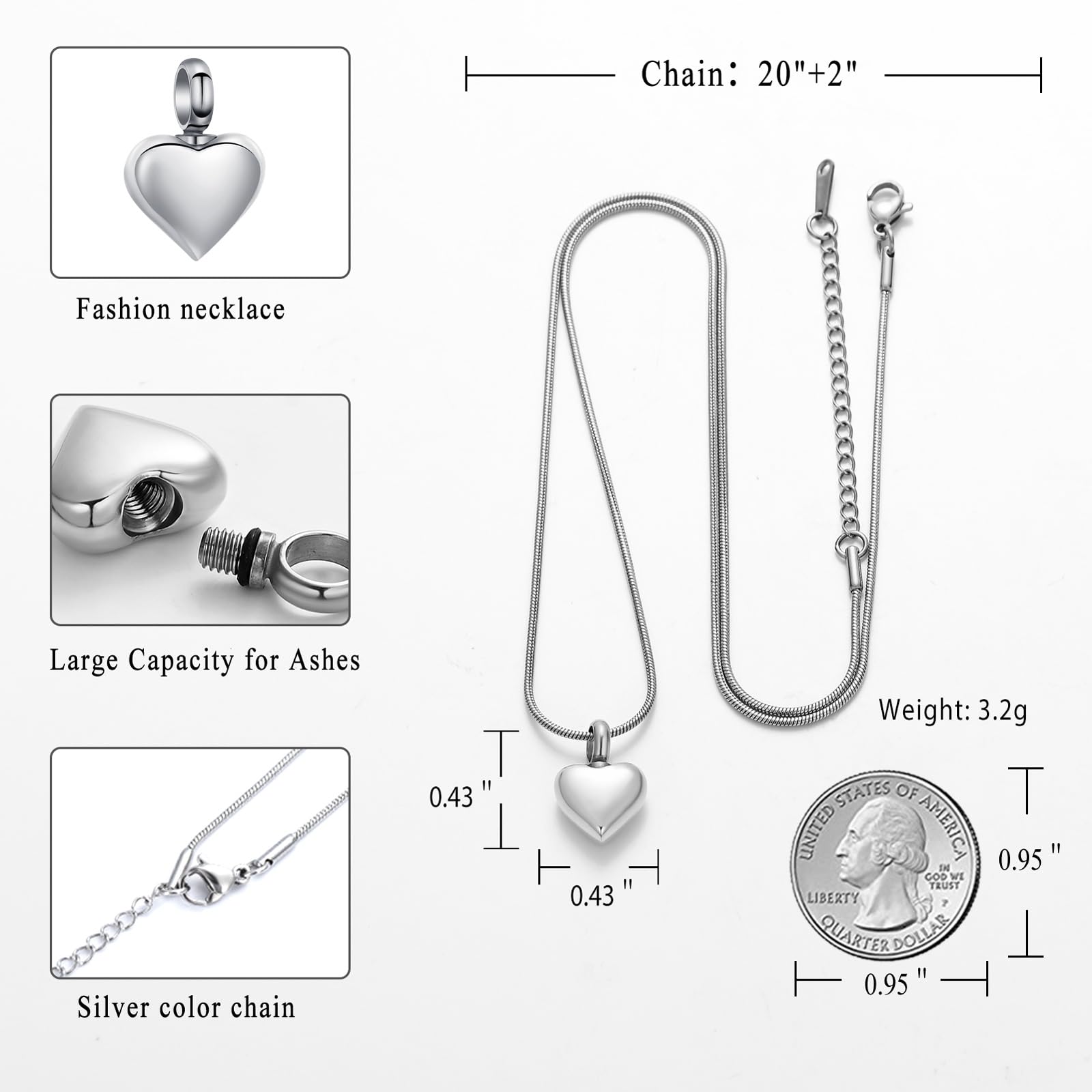 Piccolo cuore cremazione urna collana per cenere in acciaio inox Memorial Cenere Ciondolo Keepake Gioielli