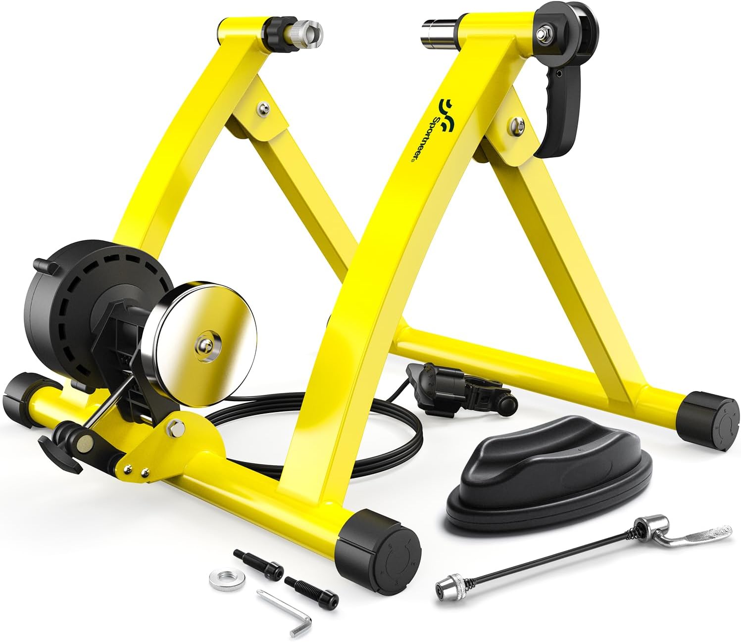 Sportneer Bike Trainer - Magnetic Stationary Bike Stand for 26-28" & 700C Wheels - Adjustable 6 Level Resistance Bike Trainer Stand for Indoor Riding with Quick Release Lever & Front Wheel Riser Block Yellow