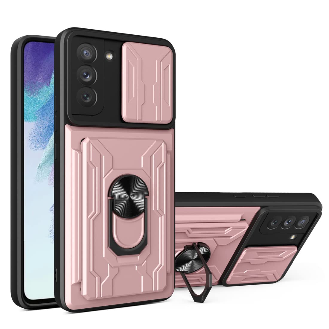 CCSmall Case for Samsung Galaxy S21 Plus with Card Holder, Heavy Duty Protection Phone Case with Magnetic Ring Kickstand Slide Camera Cover for Samsung Galaxy S21 Plus LJK Rose Gold