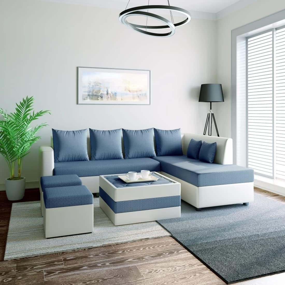 CASASTYLE Marbon 8 Seater Fabric RHS L Shape Sofa Set with Centre Table & 2 Puffy (Blue-Light Grey) (B0D3PFRNTC) Amazon Price History, Amazon Price Tracker