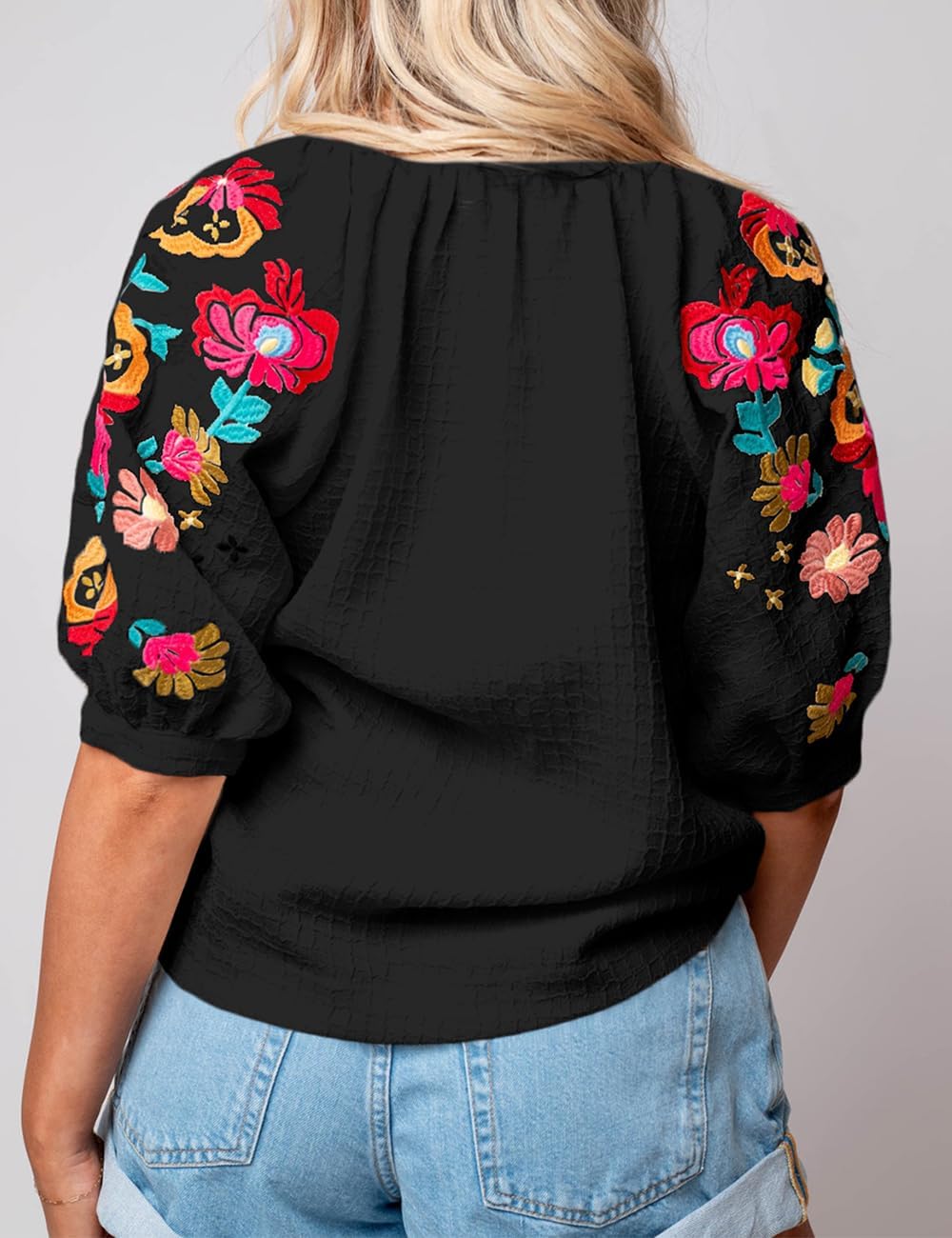Ecosunny Women's Casual V Neck Puff Short Sleeve Shirts Floral Embroidered Ricrac Textured Loose Tunic Blouses Tops - Image 4