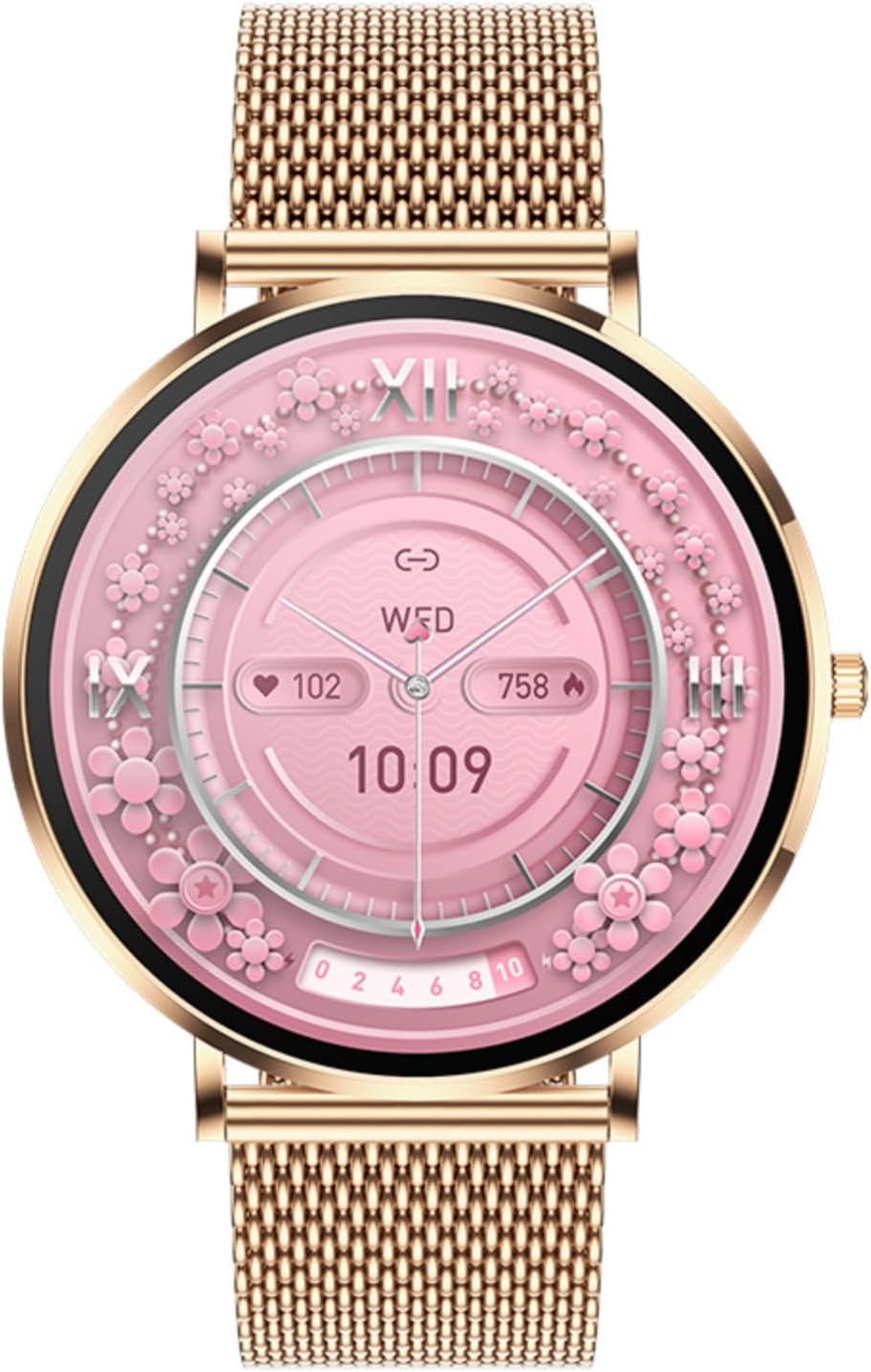 XIEFEI T8Pro Smart Watch on a wrist, showing a pink watch face with floral design.