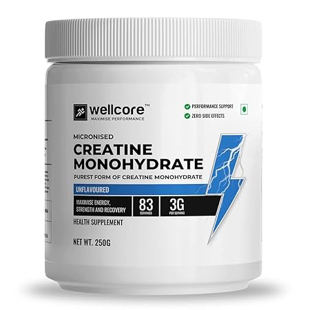 Wellcore - Micronised Creatine Monohydrate (250g, 83 Servings) | 100% Pure Creatine | Unflavored | Enhanced Absorption | Supports Athletic Performance and Power | Creatine For Men & Women