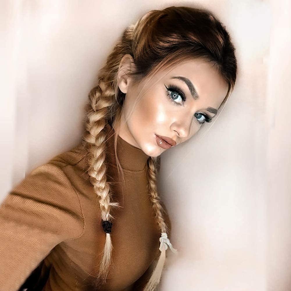 Blonde Double Braided Wigs with Baby Hair Heat Resistant Synthetic Lace Front Wigs for Women Female Dark Roots Ombre Blonde Natural 2x Twist Braids Long Hair Glueless Synthetic Wig 24 Inch